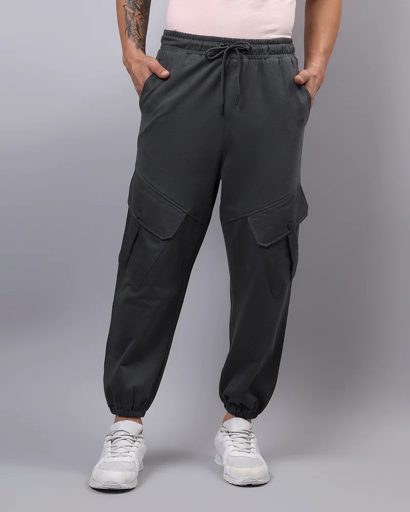 بيواكوف Men's Grey Super Loose Fit Cargo Warm Joggers